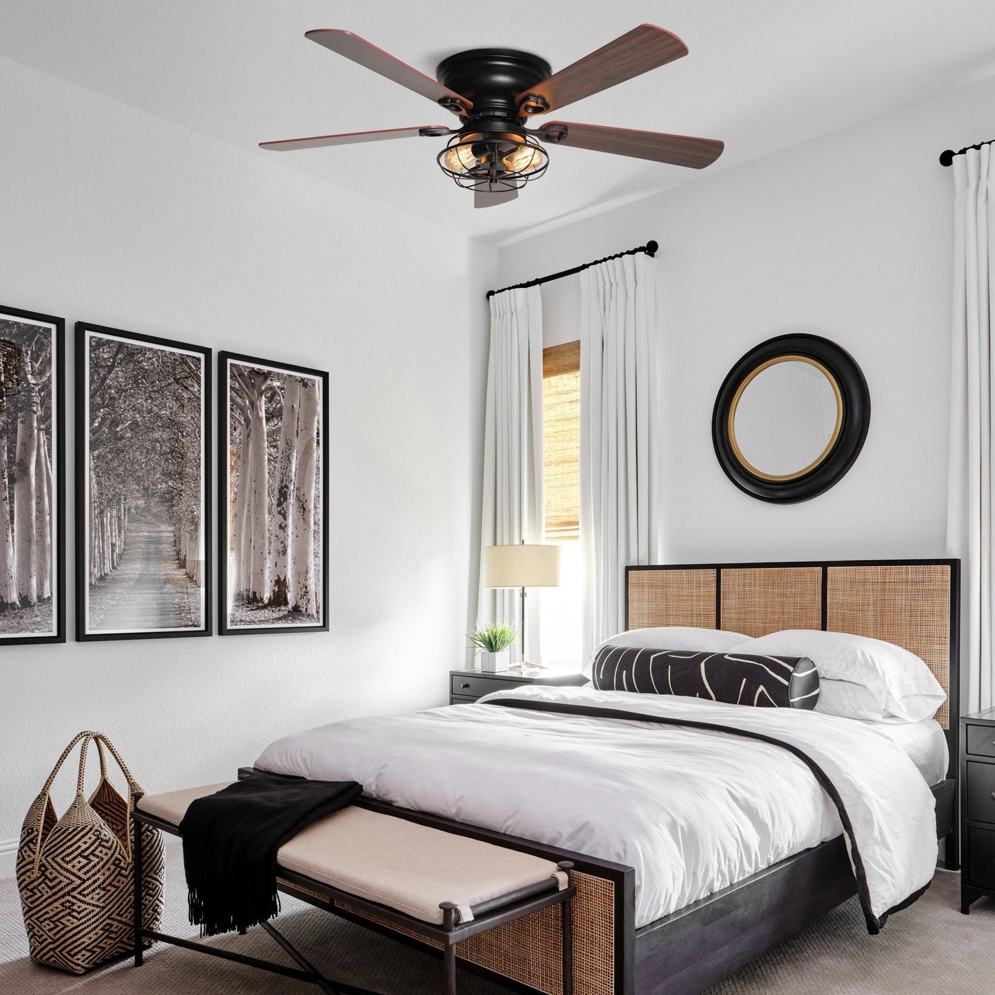 Ventilateur de plafond encastré noir style ferme, 48 po, 5 pales, en bois, profil bas, avec télécommande et ensemble d'éclairage