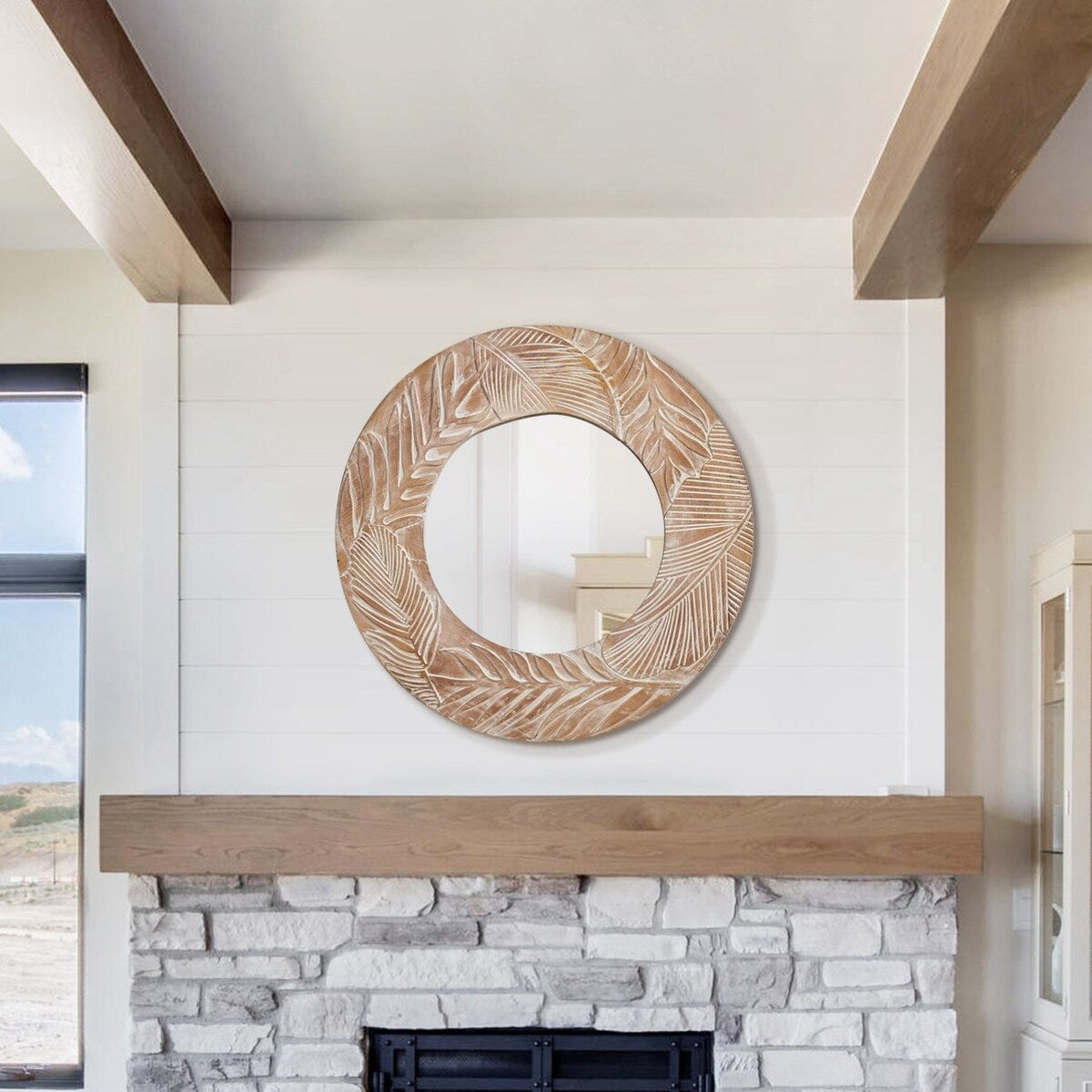 Miroir mural rond en bois sculpté style ferme - 28 x 28