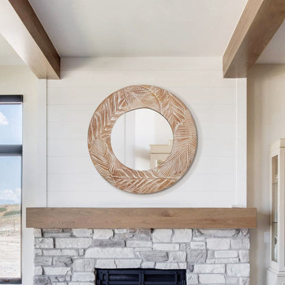 Miroir mural rond en bois sculpté style ferme - 28 x 28