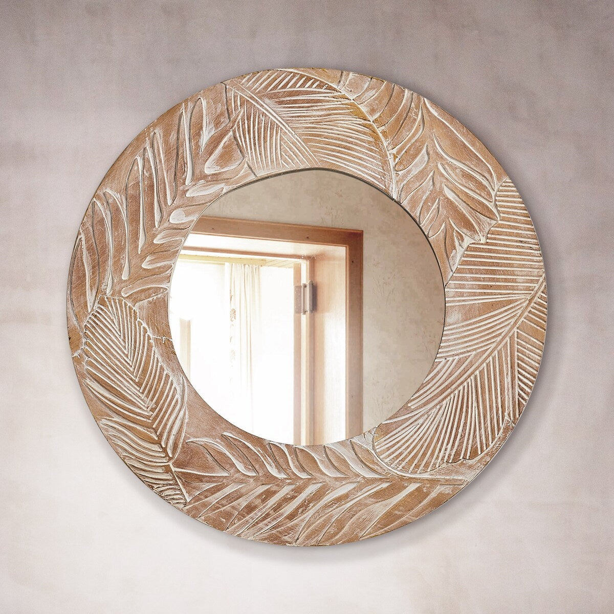 Miroir mural rond en bois sculpté style ferme - 28 x 28