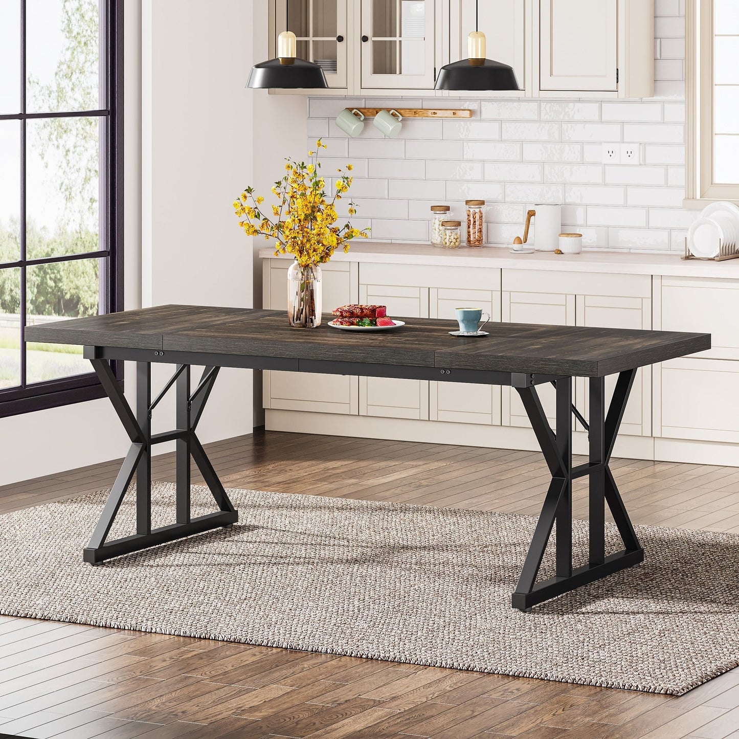 Table de salle à manger de style campagnard pour 6 personnes, table de cuisine rectangulaire en bois de 180 cm (70,8 pouces).