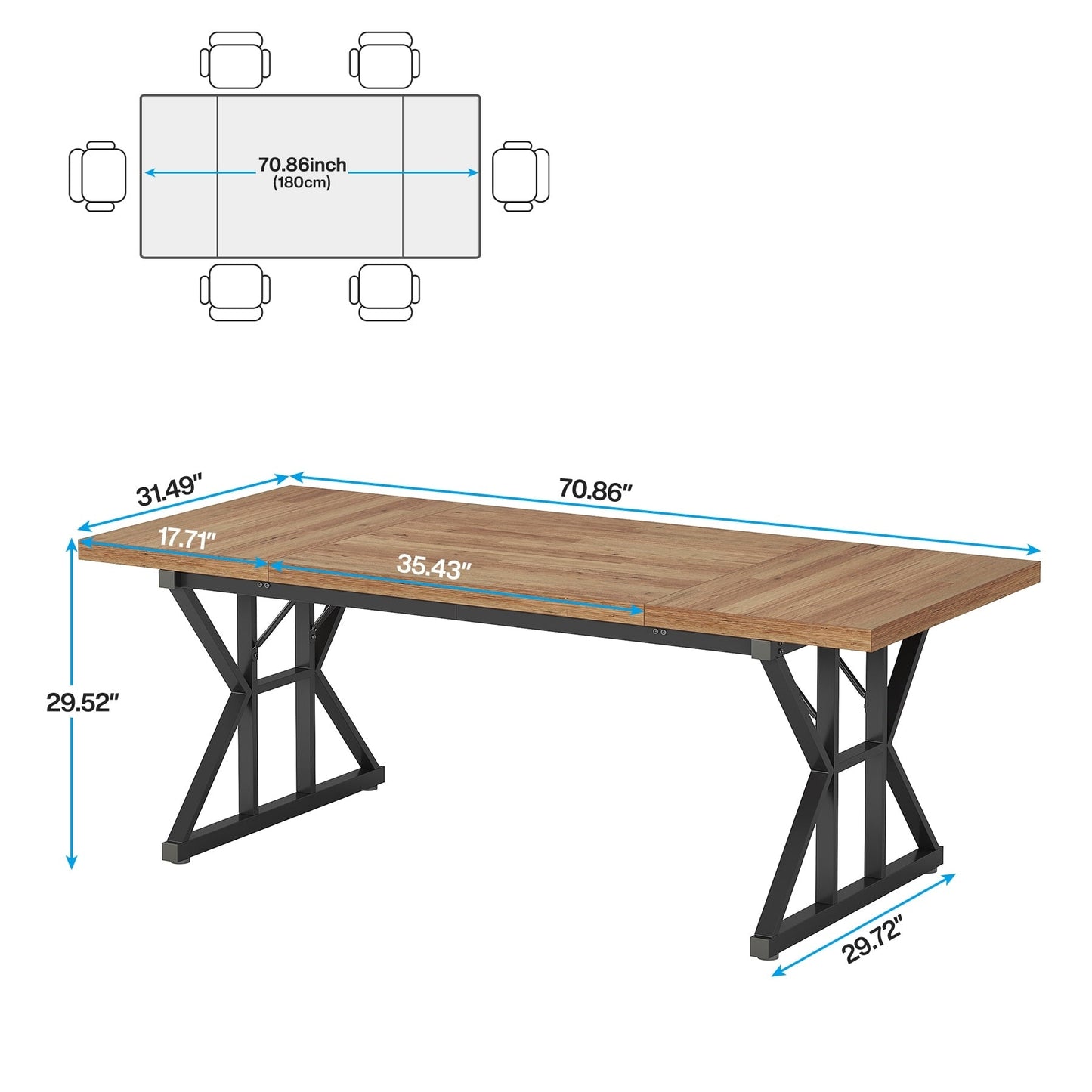 Table de salle à manger de style campagnard pour 6 personnes, table de cuisine rectangulaire en bois de 180 cm (70,8 pouces).