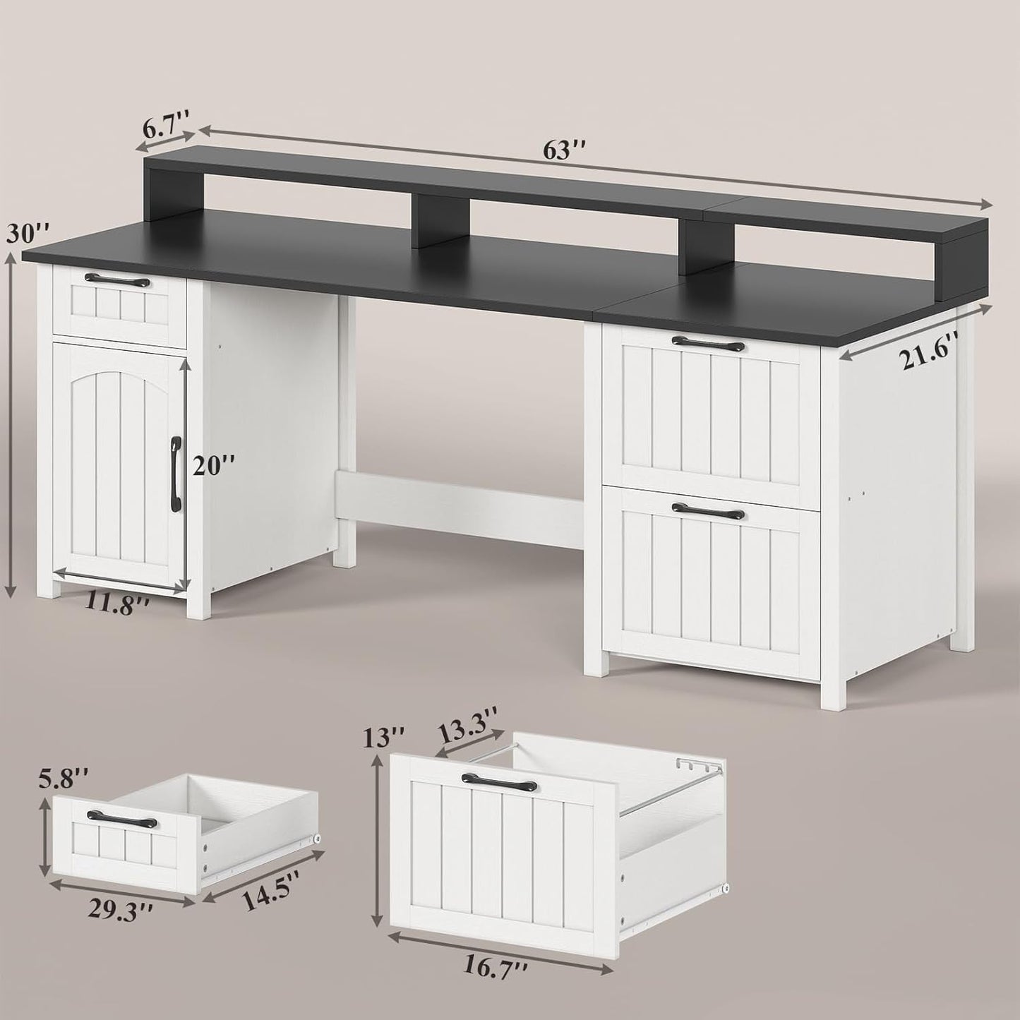 Bureau de direction de style campagnard, bureau à domicile avec tiroir pour dossiers suspendus, support pour écran, prise électrique