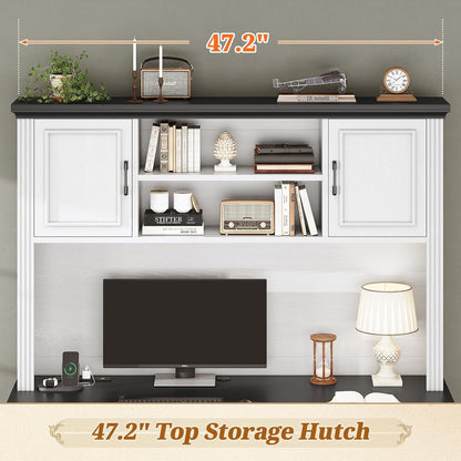 Bureau de direction de style campagnard, bureau à domicile avec tiroir pour dossiers suspendus, support pour écran, prise électrique