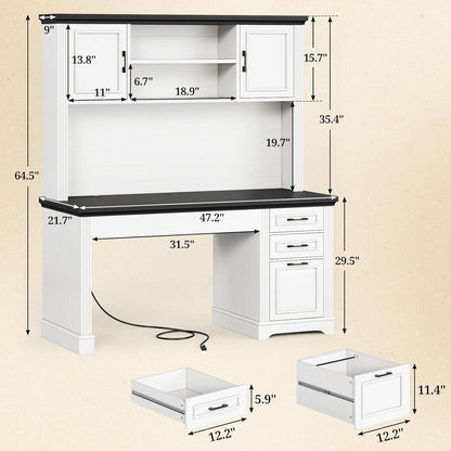 Bureau de direction de style campagnard, bureau à domicile avec tiroir pour dossiers suspendus, support pour écran, prise électrique