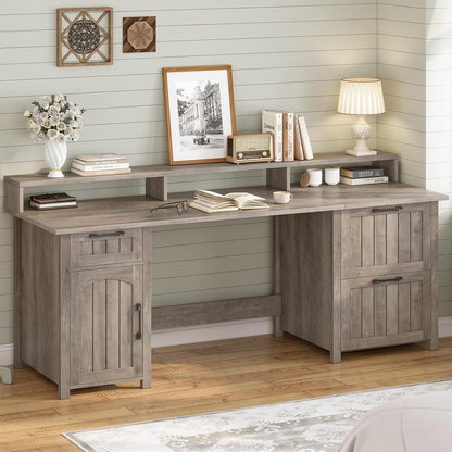 Bureau de direction de style campagnard, bureau à domicile avec tiroir pour dossiers suspendus, support pour écran, prise électrique