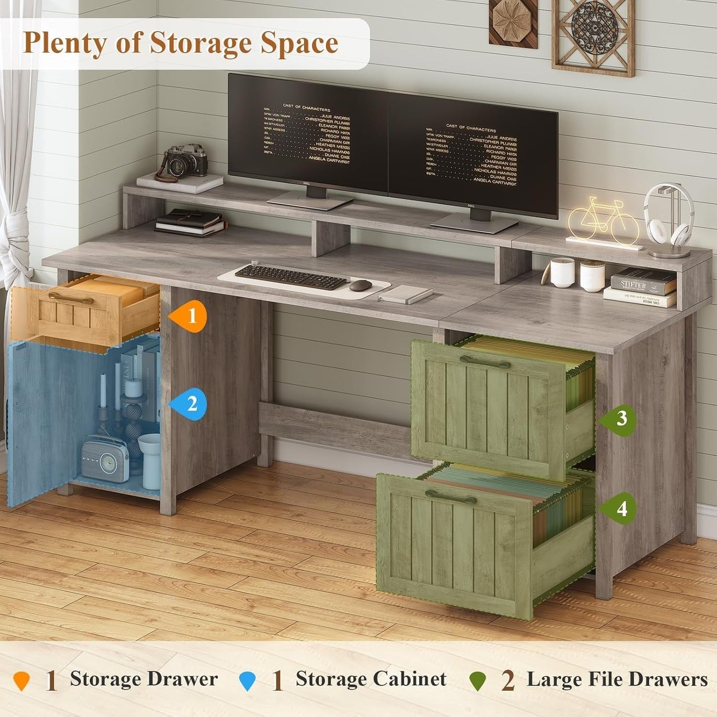 Bureau de direction de style campagnard, bureau à domicile avec tiroir pour dossiers suspendus, support pour écran, prise électrique