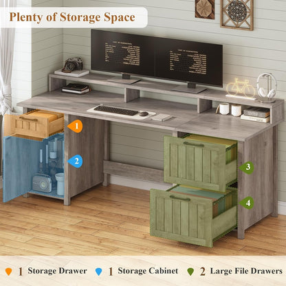 Bureau de direction de style campagnard, bureau à domicile avec tiroir pour dossiers suspendus, support pour écran, prise électrique