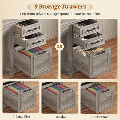 Bureau de direction de style campagnard, bureau à domicile avec tiroir pour dossiers suspendus, support pour écran, prise électrique