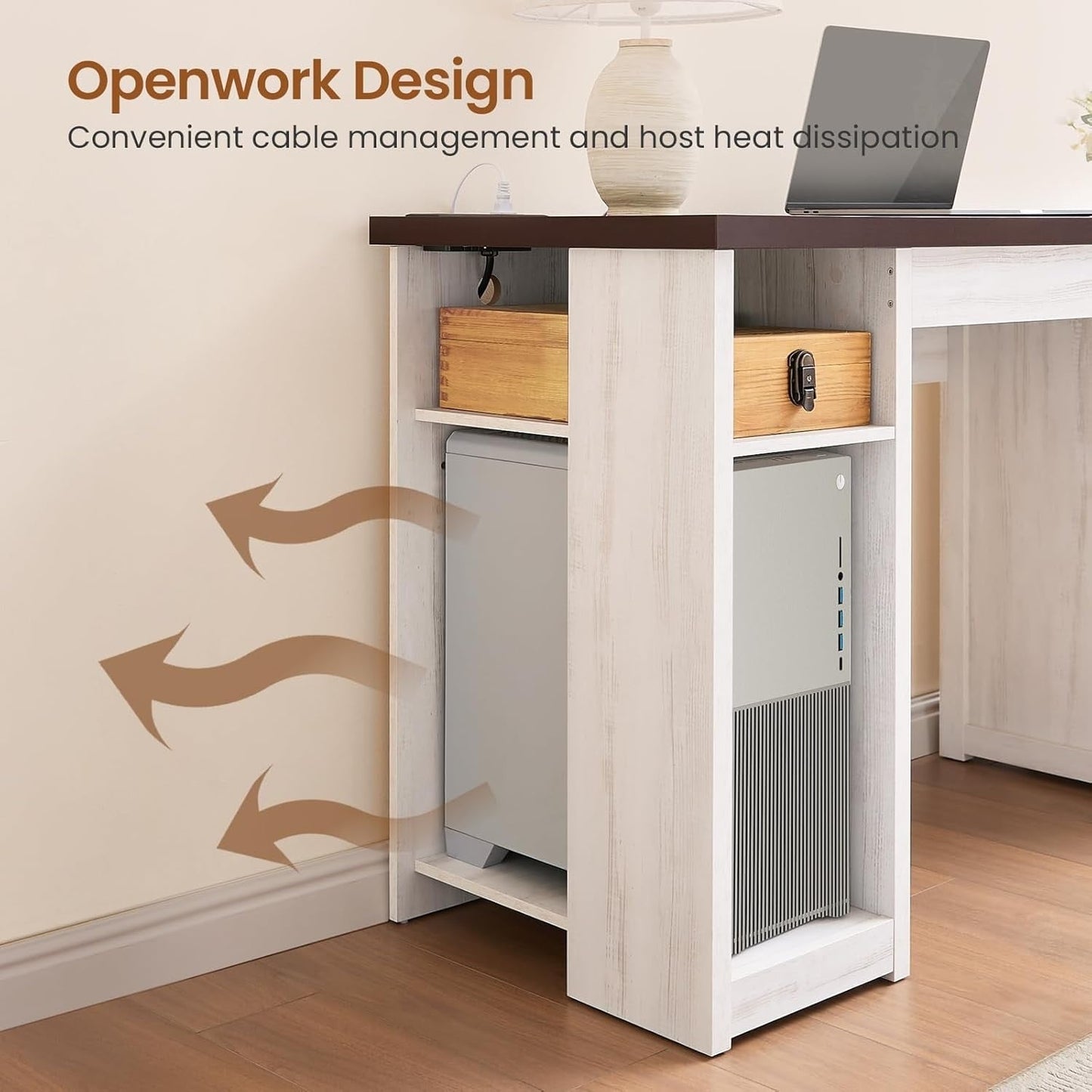 Bureau de direction de style campagnard, bureau à domicile avec tiroir pour dossiers suspendus, support pour écran, prise électrique