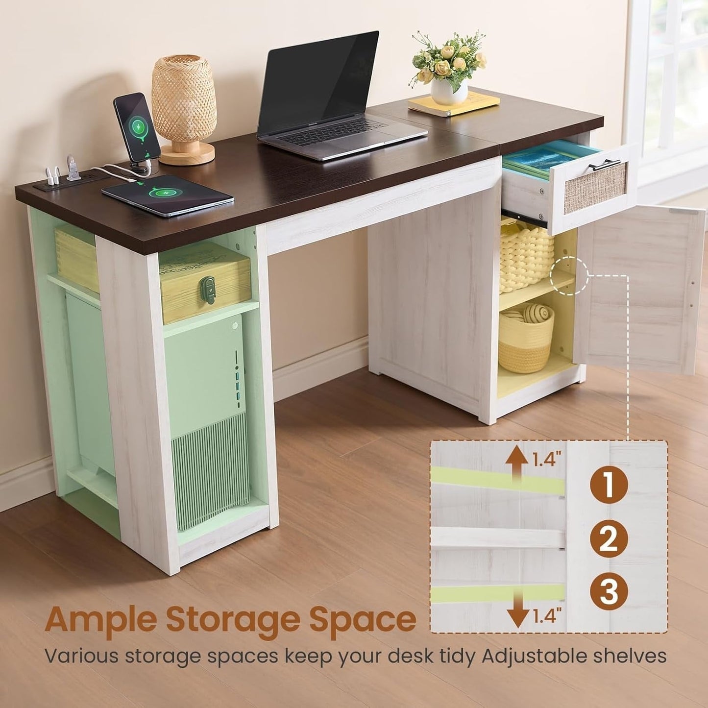 Bureau de direction de style campagnard, bureau à domicile avec tiroir pour dossiers suspendus, support pour écran, prise électrique