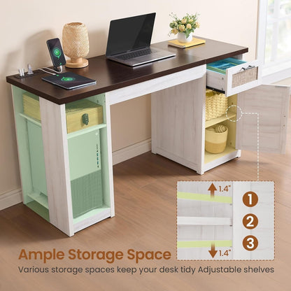 Bureau de direction de style campagnard, bureau à domicile avec tiroir pour dossiers suspendus, support pour écran, prise électrique