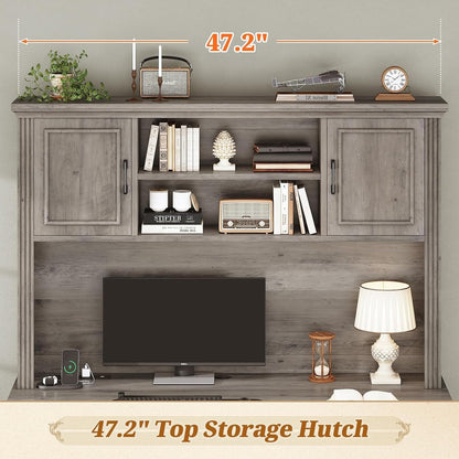 Bureau de direction de style campagnard, bureau à domicile avec tiroir pour dossiers suspendus, support pour écran, prise électrique