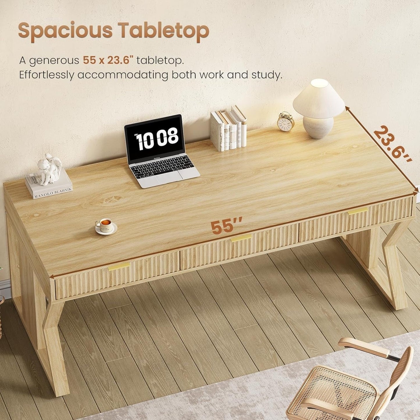 Bureau de direction de style campagnard, bureau à domicile avec tiroir pour dossiers suspendus, support pour écran, prise électrique