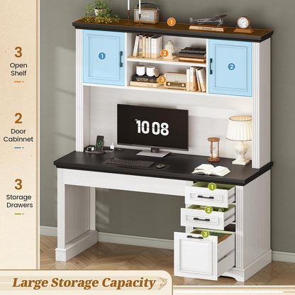 Bureau de direction de style campagnard, bureau à domicile avec tiroir pour dossiers suspendus, support pour écran, prise électrique