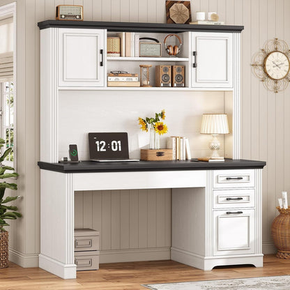 Bureau de direction de style campagnard, bureau à domicile avec tiroir pour dossiers suspendus, support pour écran, prise électrique