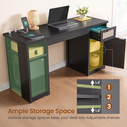 Bureau de direction de style campagnard, bureau à domicile avec tiroir pour dossiers suspendus, support pour écran, prise électrique