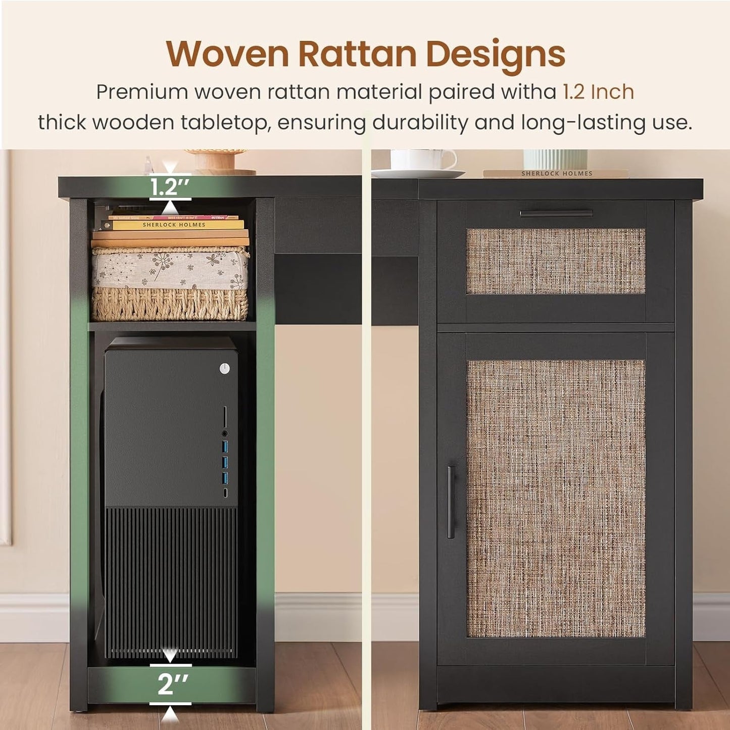 Bureau de direction de style campagnard, bureau à domicile avec tiroir pour dossiers suspendus, support pour écran, prise électrique