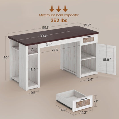 Bureau de direction de style campagnard, bureau à domicile avec tiroir pour dossiers suspendus, support pour écran, prise électrique
