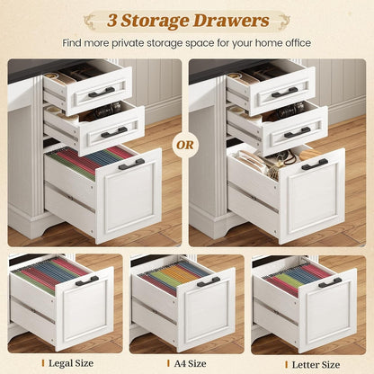 Bureau de direction de style campagnard, bureau à domicile avec tiroir pour dossiers suspendus, support pour écran, prise électrique