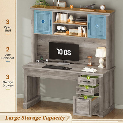 Bureau de direction de style campagnard, bureau à domicile avec tiroir pour dossiers suspendus, support pour écran, prise électrique