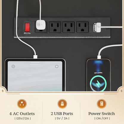 Bureau de direction de style campagnard, bureau à domicile avec tiroir pour dossiers suspendus, support pour écran, prise électrique
