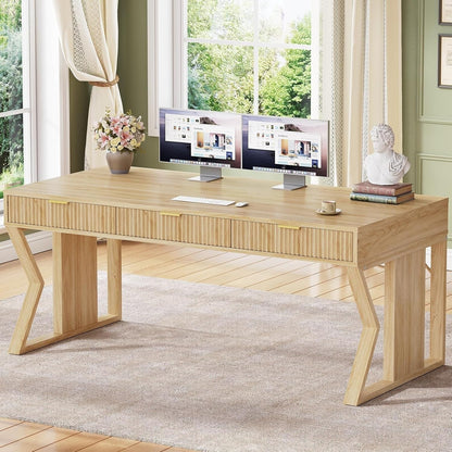 Bureau de direction de style campagnard, bureau à domicile avec tiroir pour dossiers suspendus, support pour écran, prise électrique