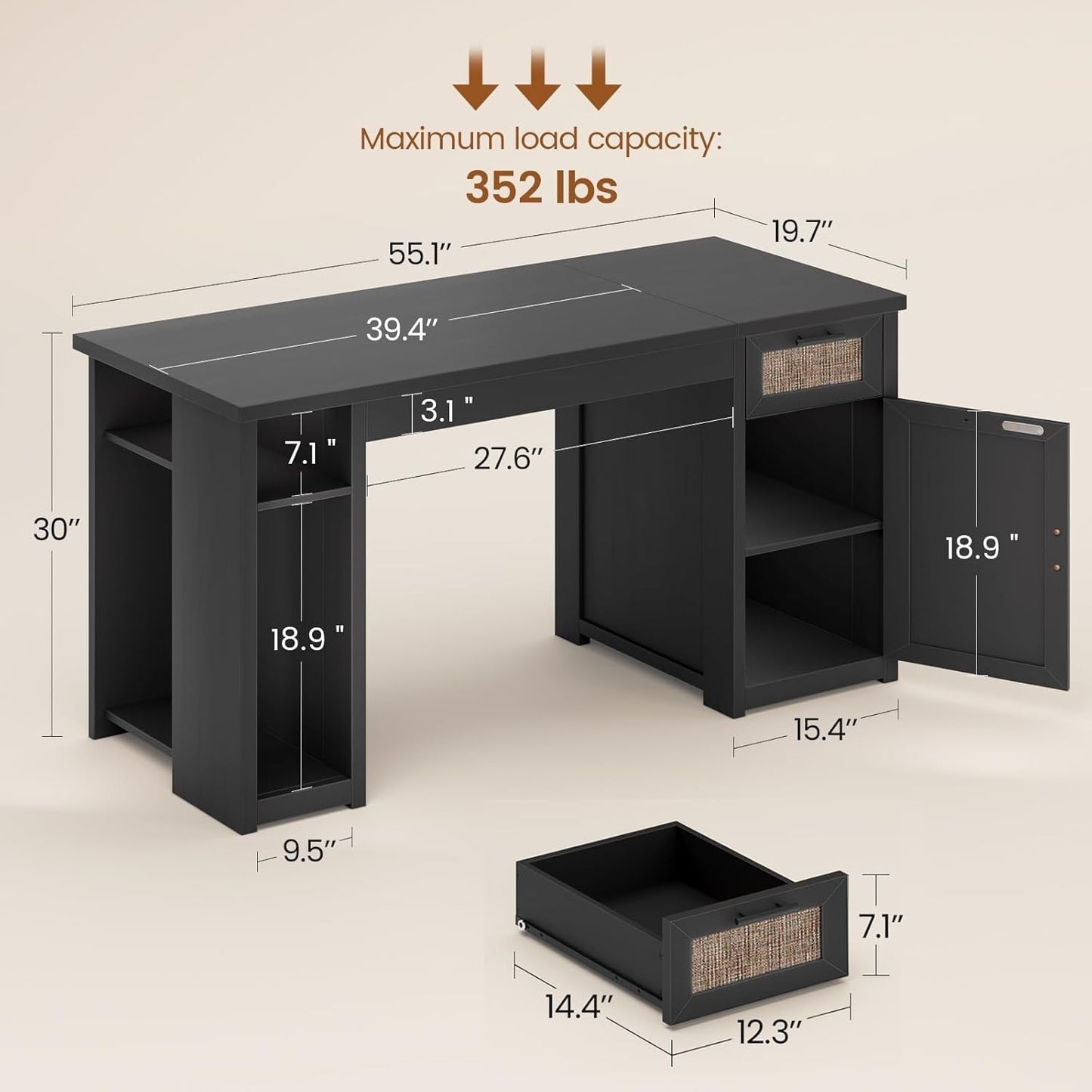 Bureau de direction de style campagnard, bureau à domicile avec tiroir pour dossiers suspendus, support pour écran, prise électrique