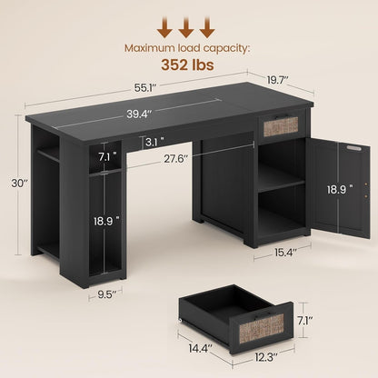Bureau de direction de style campagnard, bureau à domicile avec tiroir pour dossiers suspendus, support pour écran, prise électrique