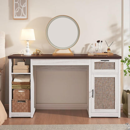 Bureau de direction de style campagnard, bureau à domicile avec tiroir pour dossiers suspendus, support pour écran, prise électrique