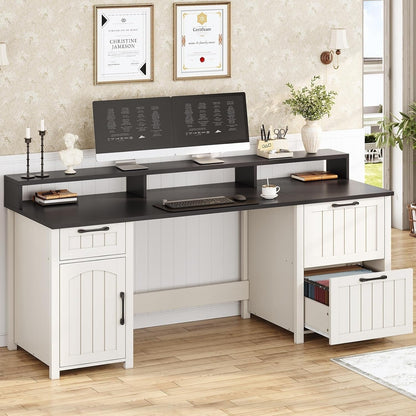 Bureau de direction de style campagnard, bureau à domicile avec tiroir pour dossiers suspendus, support pour écran, prise électrique