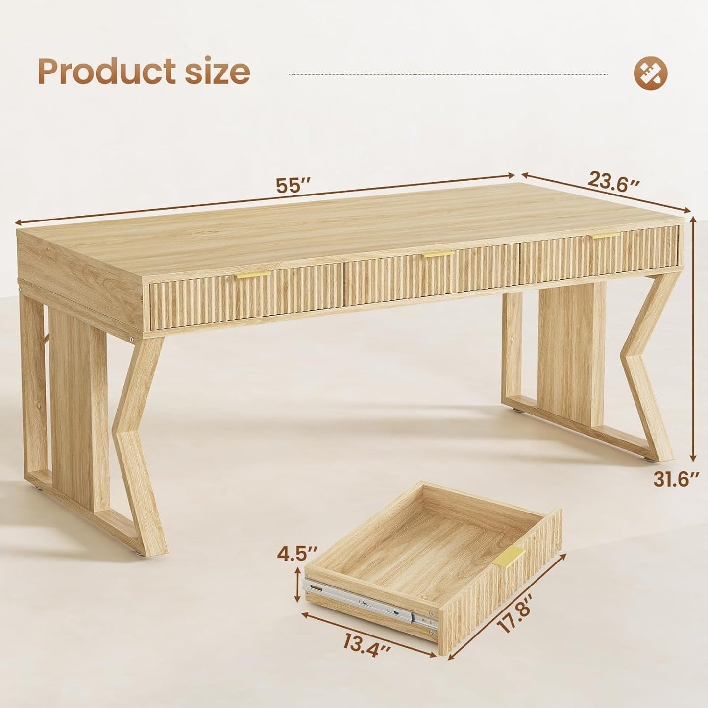 Bureau de direction de style campagnard, bureau à domicile avec tiroir pour dossiers suspendus, support pour écran, prise électrique