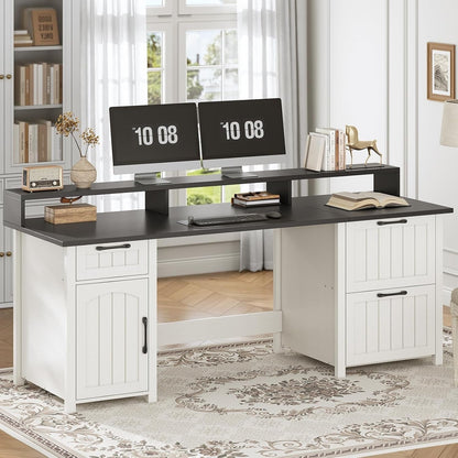 Bureau de direction de style campagnard, bureau à domicile avec tiroir pour dossiers suspendus, support pour écran, prise électrique