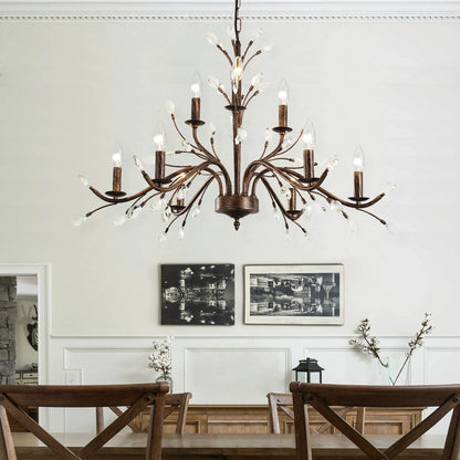 Lustre suspendu rétro style ferme, branches d'arbre, cristal, bougie