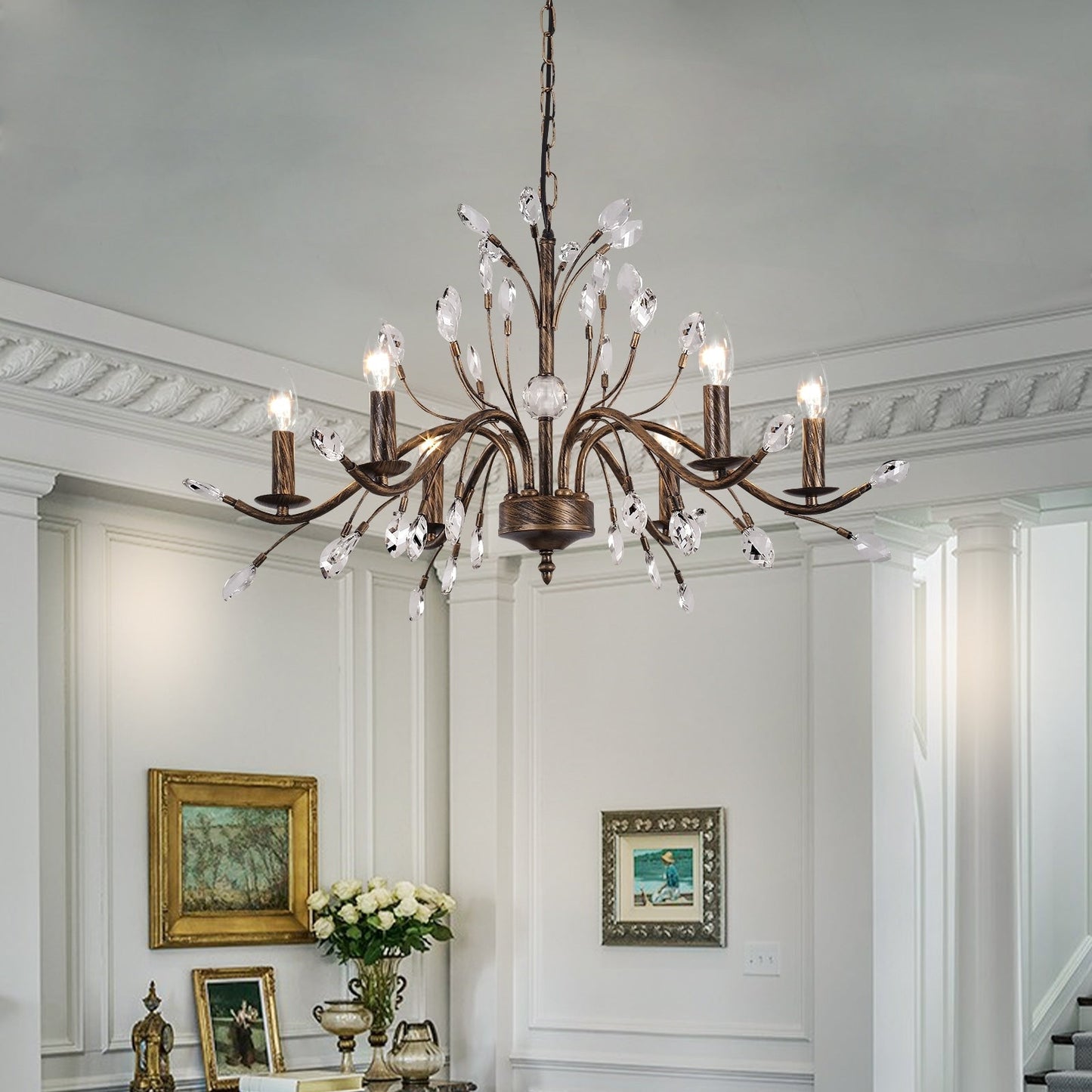 Lustre suspendu rétro style ferme, branches d'arbre, cristal, bougie