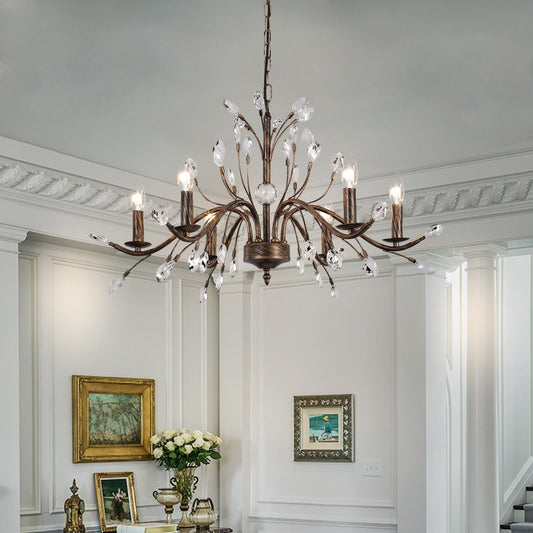 Lustre suspendu rétro style ferme, branches d'arbre, cristal, bougie