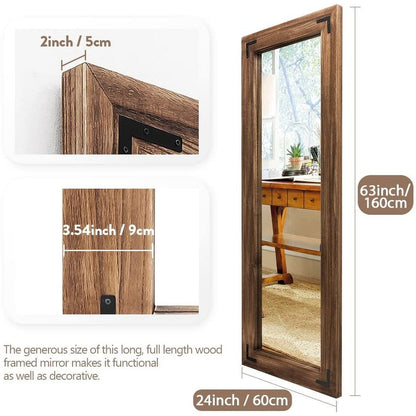 Miroir sur pied rustique encadré en bois, style ferme - 65 x 24