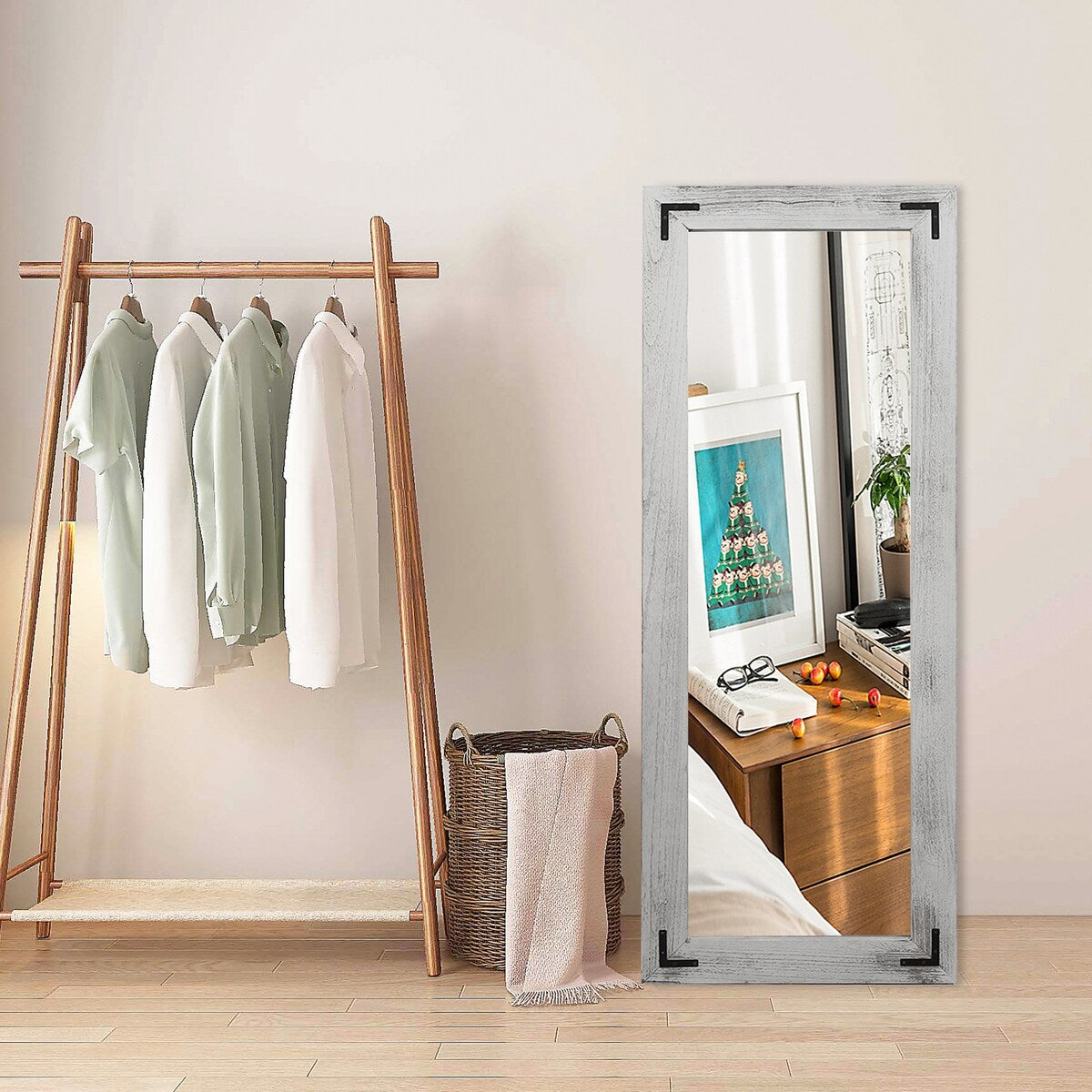 Miroir sur pied rustique encadré en bois, style ferme - 65 x 24