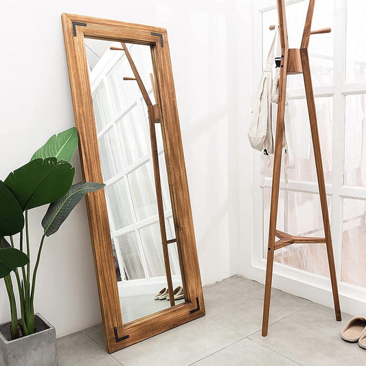 Miroir sur pied rustique encadré en bois, style ferme - 65 x 24