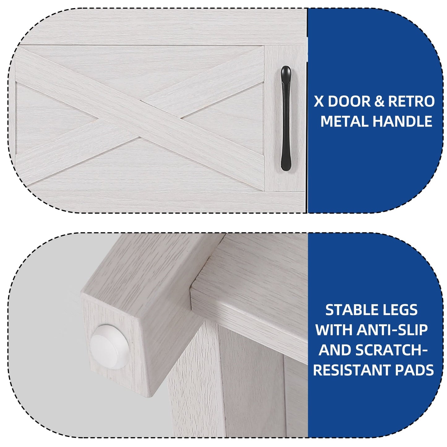 Meuble TV de style campagnard pour téléviseur jusqu'à 65 pouces avec portes et étagères ouvertes, console multimédia et prise électrique.