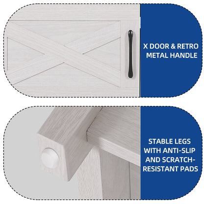 Meuble TV de style campagnard pour téléviseur jusqu'à 65 pouces avec portes et étagères ouvertes, console multimédia et prise électrique.