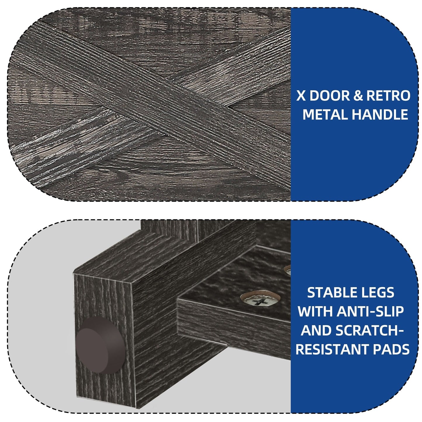 Meuble TV de style campagnard pour téléviseur jusqu'à 65 pouces avec portes et étagères ouvertes, console multimédia et prise électrique.
