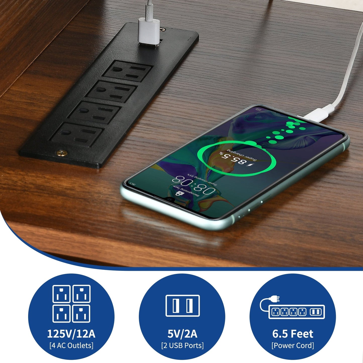 Meuble TV de style campagnard pour téléviseur jusqu'à 65 pouces avec portes et étagères ouvertes, console multimédia et prise électrique.