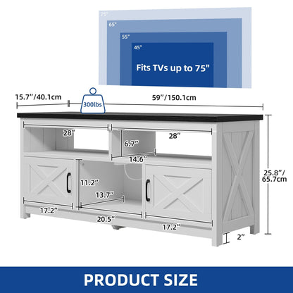 Meuble TV de style campagnard pour téléviseur jusqu'à 65 pouces avec portes et étagères ouvertes, console multimédia et prise électrique.