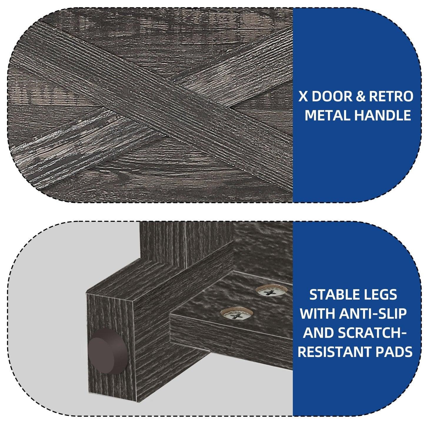 Meuble TV de style campagnard pour téléviseur jusqu'à 65 pouces avec portes et étagères ouvertes, console multimédia et prise électrique.
