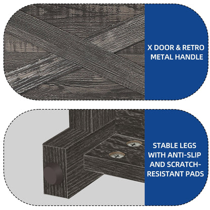 Meuble TV de style campagnard pour téléviseur jusqu'à 65 pouces avec portes et étagères ouvertes, console multimédia et prise électrique.