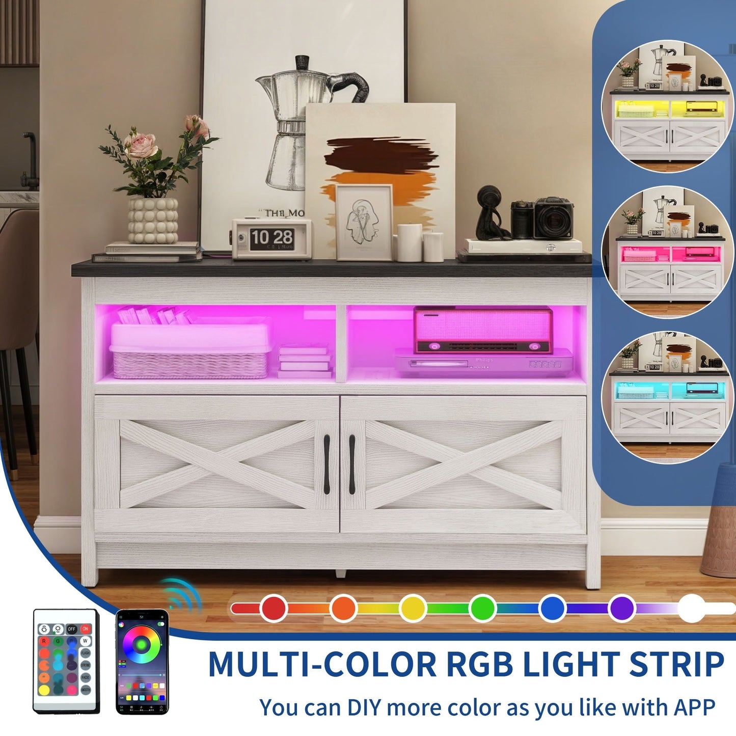 Meuble TV de style campagnard pour téléviseur jusqu'à 65 pouces avec portes et étagères ouvertes, console multimédia et prise électrique.