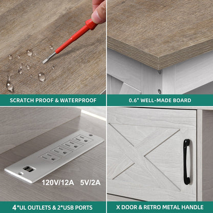 Meuble TV de style campagnard pour téléviseur jusqu'à 65 pouces avec portes et étagères ouvertes, console multimédia et prise électrique.