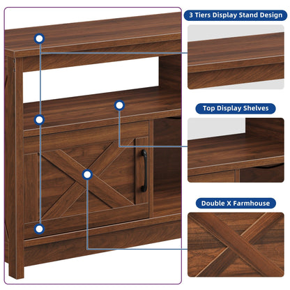 Meuble TV de style campagnard pour téléviseur jusqu'à 65 pouces avec portes et étagères ouvertes, console multimédia et prise électrique.