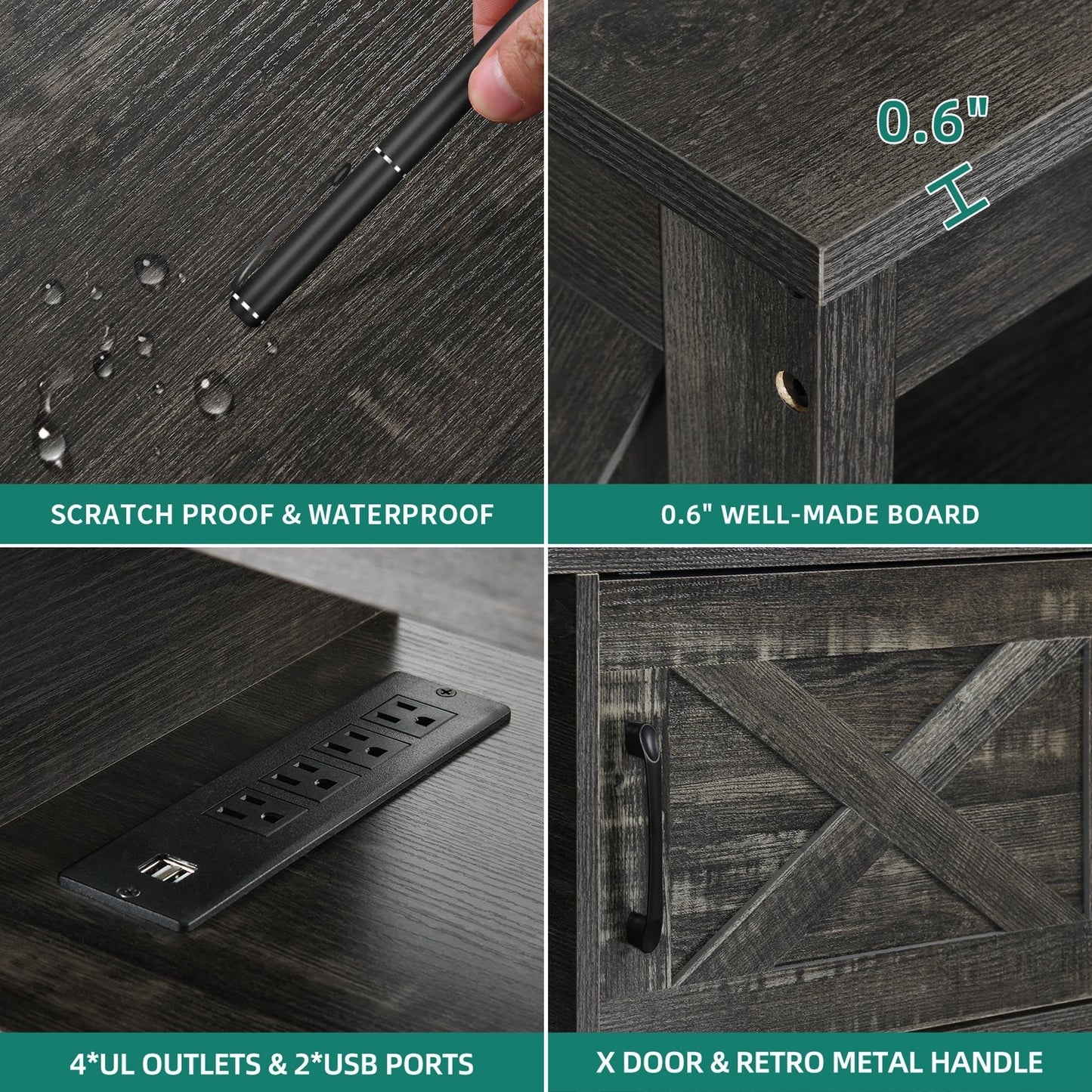 Meuble TV de style campagnard pour téléviseur jusqu'à 65 pouces avec portes et étagères ouvertes, console multimédia et prise électrique.